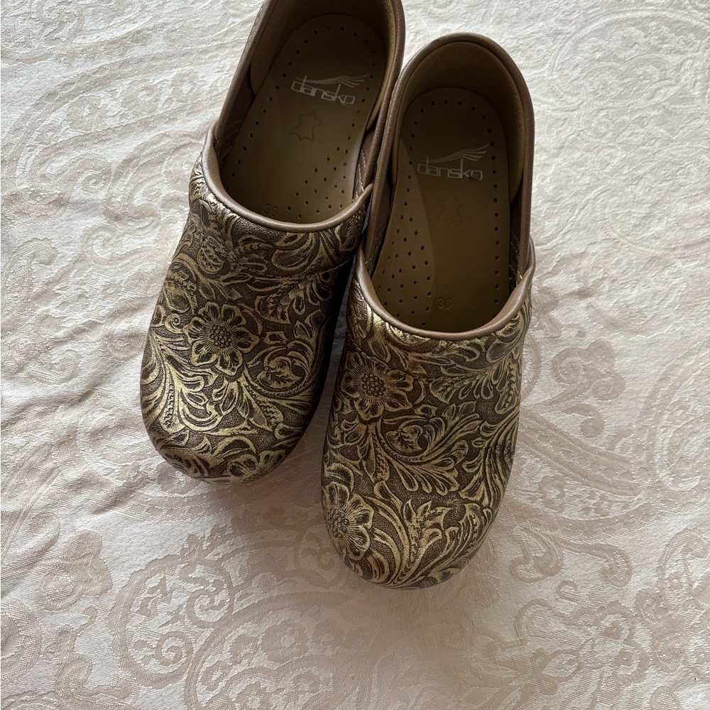 Dansko Women's Metallic Floral Clogs Antique tooled leather Floral